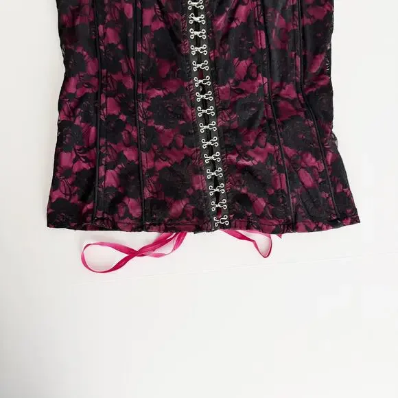 [Tripp NYC] Black Pink Y2K Floral Print Lace Hook & Eye Corset Top Size Large L - Picture 10 of 12